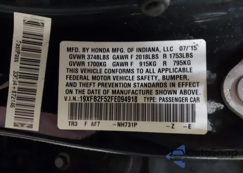 2015 Honda Civic Lx z USA, uszkodzony, nr VIN 19XFB2F52FE094918